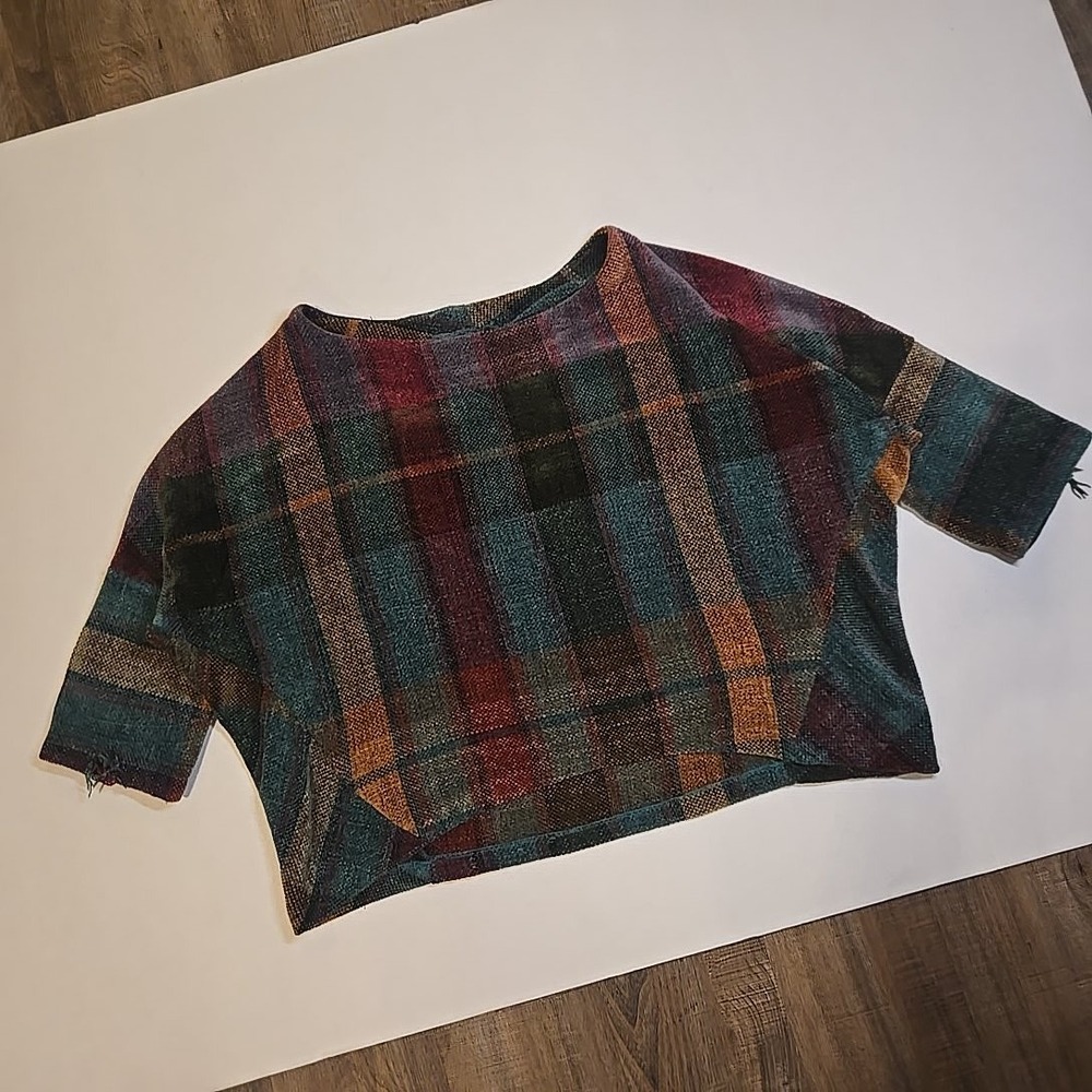 VTG Womens L Boxy Woven Plaid Top‎ Multicolor Boat Neck Dolman Sleeve Distressed